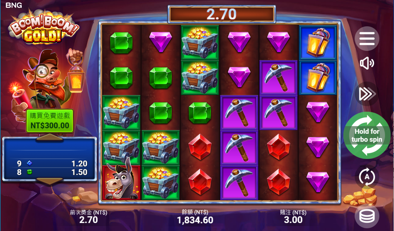 《Boom! Boom! 淘金王》BNG老虎機遊戲詳細介紹
一、遊戲概述

《Boom! Boom! 淘金王》是由BNG（Booongo）開發的一款高娛樂性的視頻老虎機遊戲。該遊戲以淘金為主題，融合了豐富的視覺效果與刺激的遊戲機制，讓玩家體驗在荒野中挖掘黃金的快感。遊戲中的角色、背景以及圖像元素均圍繞淘金場景設計，並且搭配精緻的動畫效果，帶來身臨其境的視覺享受

二、遊戲規則與玩法

《Boom! Boom! 淘金王》採用5x3的遊戲盤面，擁有20條固定支付線。玩家通過旋轉轉輪，並希望獲得相同符號的組合來獲得獎勵。以下是該遊戲的詳細規則與玩法：

基本規則

轉輪：5x3
支付線：20條固定支付線
最小押注：0.20
最大押注：100
RTP（理論回報率）：96.1%

特殊符號與功能

Wild符號：該符號可以替代除Scatter符號外的所有其他符號，增加獲得獎勵組合的機率。
Scatter符號：收集3個或更多Scatter符號可觸發免費旋轉模式。
免費旋轉模式：觸發免費旋轉後，玩家可以進入多達15次免費旋轉，且在該模式下還可額外觸發更多免費旋轉。
倍數獎勵：在某些特定組合中，還有機會獲得2倍至5倍的倍數獎勵，大幅提升贏得的獎金。

三、圖像與視覺設計

《Boom! Boom! 淘金王》在視覺設計上充滿了西部淘金時代的氛圍。金礦、礦工、工具、炸藥桶等符號皆被精心設計，與遊戲主題高度吻合。背景音樂則是帶有輕快節奏的西部風格樂曲，讓玩家感覺置身於一片等待發現的金礦之中。

主要符號設計：

礦工：代表高獎勵的符號，獲得5個相同符號即可獲得巨額獎金。
金礦車：中等獎勵的符號，代表玩家挖掘黃金的工具。
炸藥桶：特殊符號，會觸發額外獎勵。
A, K, Q, J, 10：低價值符號，標準撲克牌符號經過西部化處理。

背景設計與動畫效果：

遊戲背景設定在一座荒涼的金礦中，夕陽下的紅土荒原映襯著即將開始的冒險。遊戲中每次旋轉的過程中，炸藥爆炸的動畫增添了更多互動性與視覺刺激。
四、音效與音樂設計

《Boom! Boom! 淘金王》的音效同樣經過精心設計，以增強遊戲體驗。每次旋轉都伴隨著清脆的金屬撞擊聲，讓玩家感覺自己正處於一座黃金洞穴中挖掘寶藏。免費旋轉模式下，背景音樂節奏更快，緊張感更強，增添了遊戲的刺激性。

五、遊戲策略與技巧

儘管老虎機遊戲主要依賴於隨機性，但玩家仍然可以採取一些策略來提升獲勝的機率：

熟悉支付線與機率：了解每個符號的支付率與支付線的排列是關鍵。熟悉這些資訊有助於在設定押注時做出更明智的選擇。
管理遊戲資金：設立預算並堅持執行，可以避免因長時間遊戲而導致的過度消費。合理分配遊戲資金，確保每次押注不會超出自己的承受範圍。
免費旋轉模式的運用：免費旋轉是獲得高額獎勵的關鍵，建議玩家集中資源在可以觸發免費旋轉的機會上。
六、遊戲符號詳細解析

在《Boom! Boom! 淘金王》中，每個符號都有其特定的價值和功能，這些符號的組合決定了最終的獲獎結果。以下是遊戲中主要符號的詳細說明：

礦工（高價值符號）： 礦工是遊戲中最具價值的符號之一，代表著玩家在遊戲中挖掘黃金的核心角色。當玩家在單一旋轉中獲得5個礦工符號時，會觸發超高倍數的獎勵。此符號通常是玩家在遊戲中追求的目標之一。

金礦車（中等價值符號）： 金礦車是遊戲中象徵著運輸黃金的工具符號。這一符號具有中等價值，並經常出現在支付線中間的位置。當玩家獲得3至5個金礦車符號時，能夠獲得中等額度的獎勵，儘管不如礦工符號那麼高，但仍然值得關注。

炸藥桶（特殊符號）： 炸藥桶不僅是遊戲中的道具符號，也是觸發遊戲內特別獎勵功能的重要元素。當炸藥桶符號出現在特定位置或與其他高價值符號配合時，會觸發額外的遊戲機制，如額外爆炸效果或擴展Wild符號等。

A, K, Q, J, 10（低價值符號）： 這些符號是遊戲中常見的低價值符號，它們主要用來填充盤面，並提供基本的獎勵。雖然這些符號的價值不高，但在特定情況下，如果出現多組相同符號組合，也能帶來連續的收益。

Wild符號（通配符）： Wild符號可以替代遊戲中的其他標準符號（除了Scatter），使得玩家更容易完成支付線組合。它通常出現在第2、3和4卷軸上，並在觸發時進行擴展或疊加，進一步增加贏得高獎勵的機率。

Scatter符號（免費旋轉觸發符號）： Scatter符號是遊戲中進入免費旋轉模式的關鍵。當玩家在單次旋轉中獲得3個或更多Scatter符號時，將進入免費旋轉模式。在該模式下，不僅可以進行多次免費旋轉，還能透過更多Scatter符號觸發更高倍數的獎勵。

七、進階遊戲策略

雖然《Boom! Boom! 淘金王》主要依賴於隨機數生成器（RNG）來決定每次旋轉的結果，但玩家仍然可以透過一些策略來提升遊戲體驗和潛在獲利：

選擇合適的投注策略： 在遊戲開始前，玩家應根據自己的資金選擇合適的投注策略。如果資金充裕，可以考慮採取中高額投注策略，這樣在觸發高獎勵符號時，獲得的回報將更加豐厚。然而，如果資金有限，則建議選擇保守的低額投注策略，以延長遊戲時間並增加觸發免費旋轉的機會。

觀察波動性（Volatility）： 不同的老虎機遊戲具有不同的波動性，這將影響玩家的勝率和獎勵大小。高波動性的遊戲通常獎勵較高，但觸發的頻率較低；低波動性的遊戲則獎勵較低，但觸發頻率較高。根據遊戲的特點，《Boom! Boom! 淘金王》屬於中等波動性的遊戲，適合多種風險偏好的玩家。

掌握免費旋轉模式的節奏： 免費旋轉模式是玩家獲得高額獎金的重要途徑。進入該模式後，建議玩家仔細觀察旋轉的節奏，並在適當時機調整投注額，特別是在連續贏取幾輪後可以考慮稍微增加投注。

利用擴展Wild符號： 在擴展Wild符號觸發時，整列卷軸會被覆蓋，形成更多支付線組合。此時，玩家應充分利用這些機會，並根據盤面的情況靈活調整投注額。

八、遊戲技巧分享

除了基本的策略之外，還有一些實用的技巧可以幫助玩家更好地享受《Boom! Boom! 淘金王》的遊戲過程：

長時間遊戲觀察模式： 在長時間遊戲過程中，玩家可以觀察遊戲的觸發節奏，並記錄自己在不同投注額下的表現。這樣可以更好地制定下一次的遊戲策略。

分階段投注策略： 建議將遊戲分為三個階段：初期、進階期和高風險期。在初期，使用較小的投注來試探遊戲機制；在進階期逐漸增加投注，以求在觸發免費旋轉時獲得最大化的回報；在高風險期則根據前期的收益情況決定是否進行大額投注，以追求最高獎勵。

設定止盈止損點： 老虎機遊戲容易讓人沉迷，因此，玩家在開始遊戲前應設立清晰的止盈和止損點。例如，當達到一定的盈利目標後應適時退出遊戲；同樣，如果虧損達到預定限額，也應當立即停止，避免進一步損失。

九、結語

《Boom! Boom! 淘金王》是BNG開發的一款兼具娛樂性與挑戰性的老虎機遊戲。無論是從遊戲機制、圖像設計還是音效上，它都為玩家提供了一個充滿刺激的虛擬淘金冒險。透過適當的策略與技巧，玩家能夠在這款遊戲中尋找樂趣的同時，有機會贏得豐厚的獎勵。